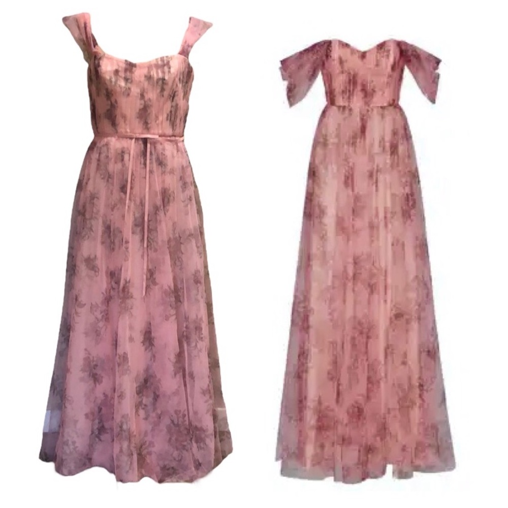 Marchesa Notte Blush Tulle Floral Gown Size 14 Pink Floral Off Shoulder